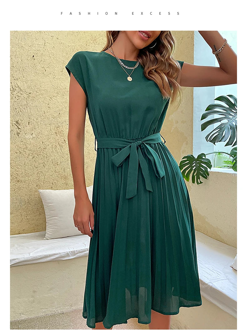 JIM & NORA Elegant Women Summer Casual Beach Sundress Short Sleeve Midi Dress Soild Colour O Neck Dresses Fashion