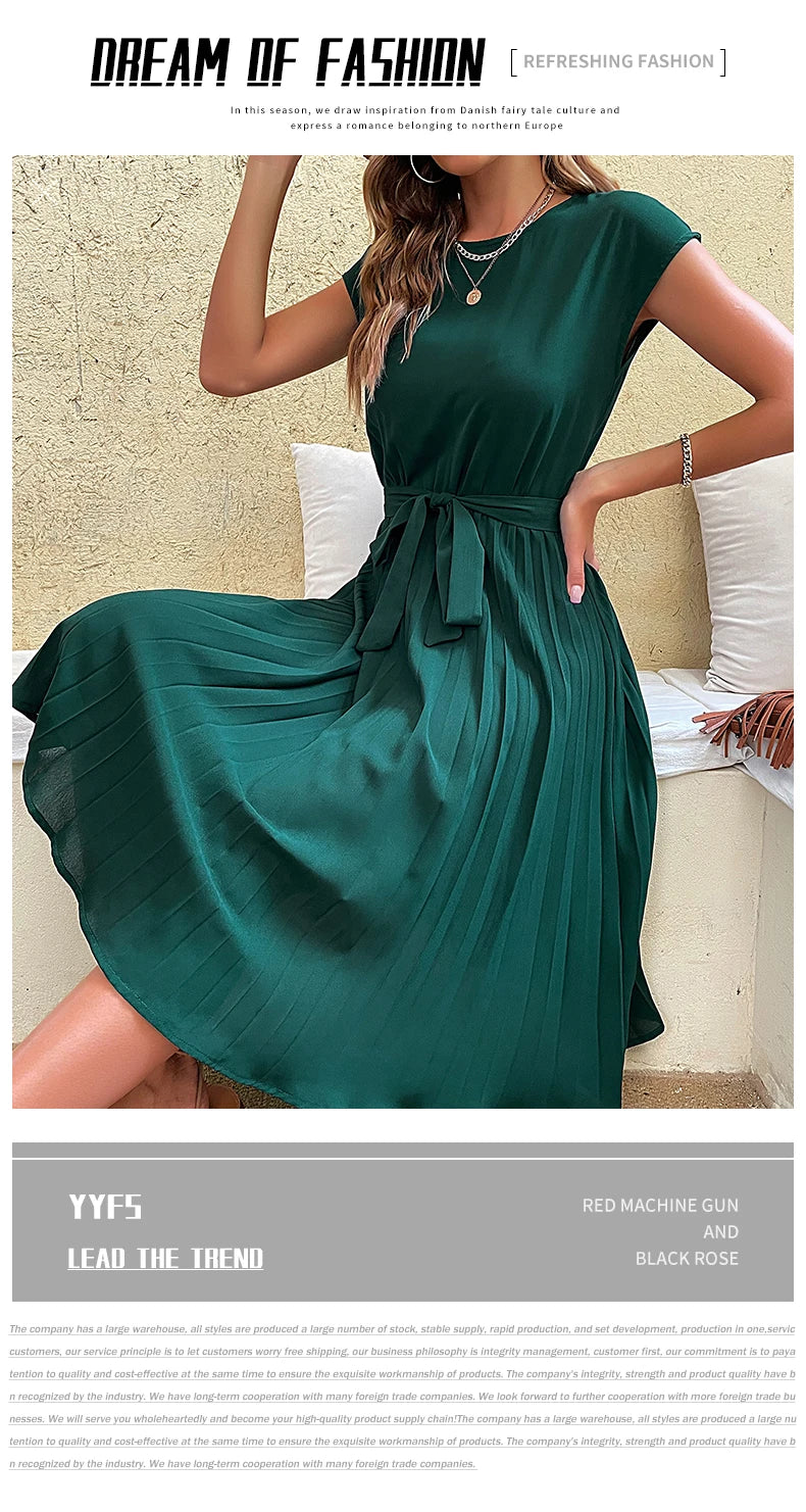JIM & NORA Elegant Women Summer Casual Beach Sundress Short Sleeve Midi Dress Soild Colour O Neck Dresses Fashion