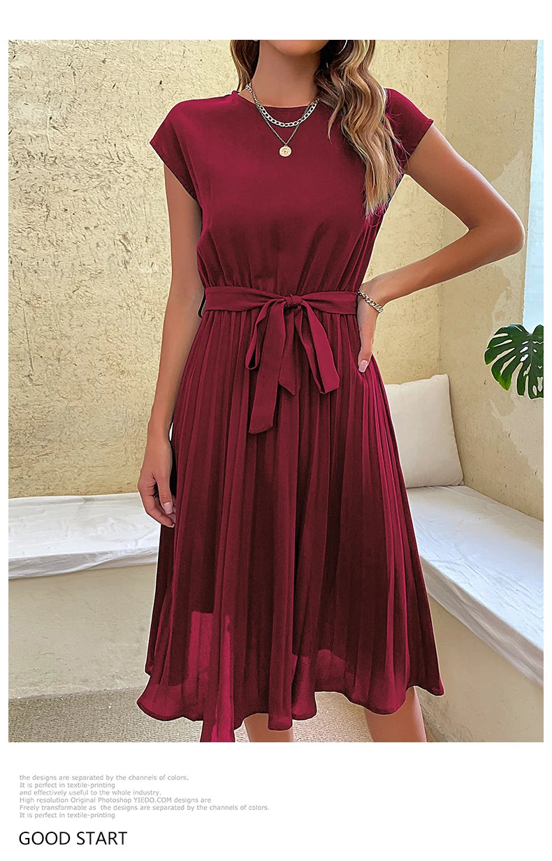 JIM & NORA Elegant Women Summer Casual Beach Sundress Short Sleeve Midi Dress Soild Colour O Neck Dresses Fashion