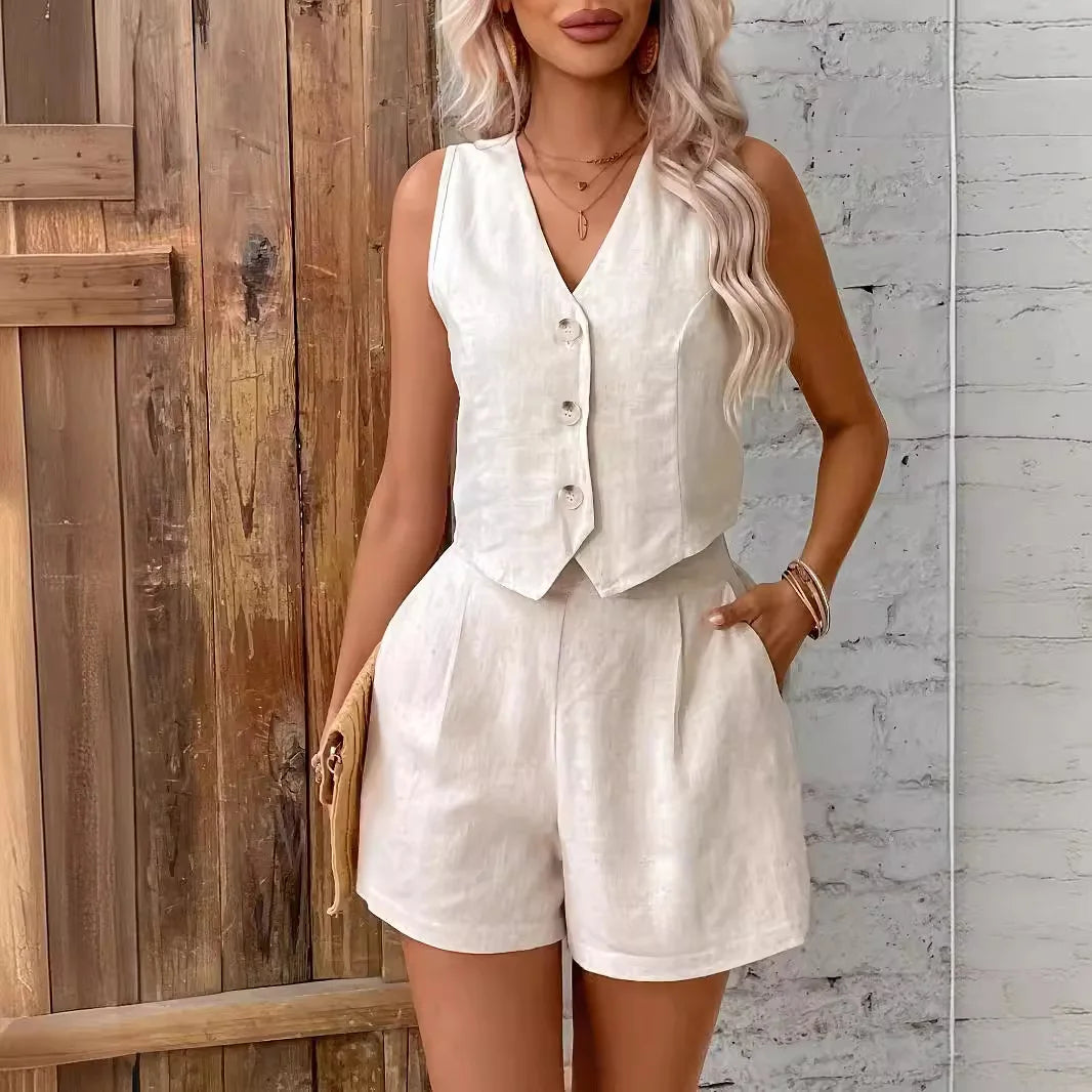 Women's Solid Casual Two Piece Sets Fashion Sexy V-neck Sleeveless Vest Tops And Shorts Suit Women Summer Cotton Linen Sets 2025