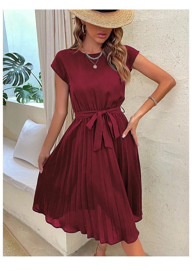 JIM & NORA Elegant Women Summer Casual Beach Sundress Short Sleeve Midi Dress Soild Colour O Neck Dresses Fashion