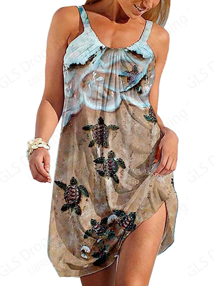 Sea Turtle 3d Sleeveless Beach Dress Women Fashion Bohemian Mini Strap Dresses Party Evening Elegant Casual Vestidos Gradient