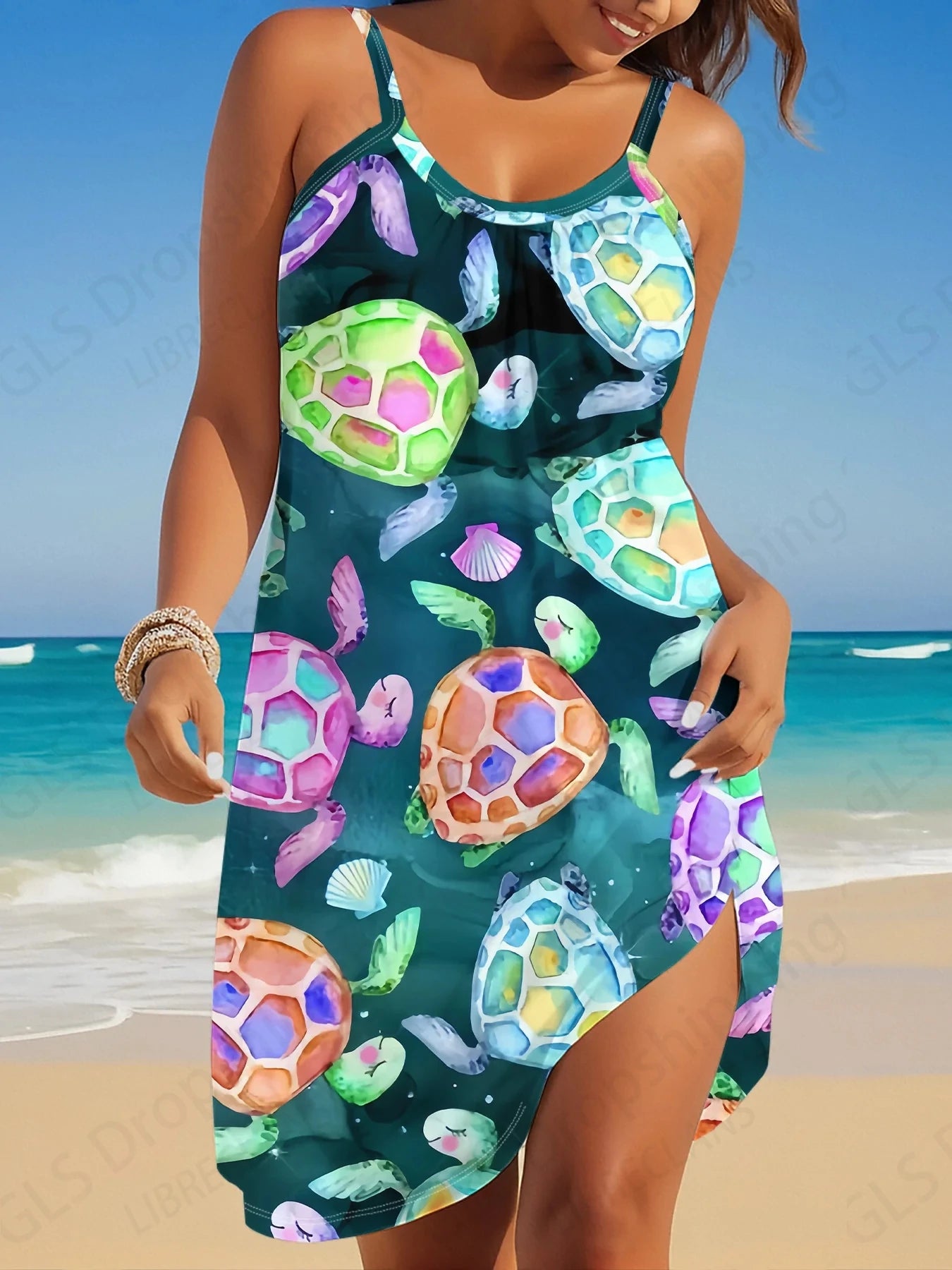 Sea Turtle 3d Sleeveless Beach Dress Women Fashion Bohemian Mini Strap Dresses Party Evening Elegant Casual Vestidos Gradient