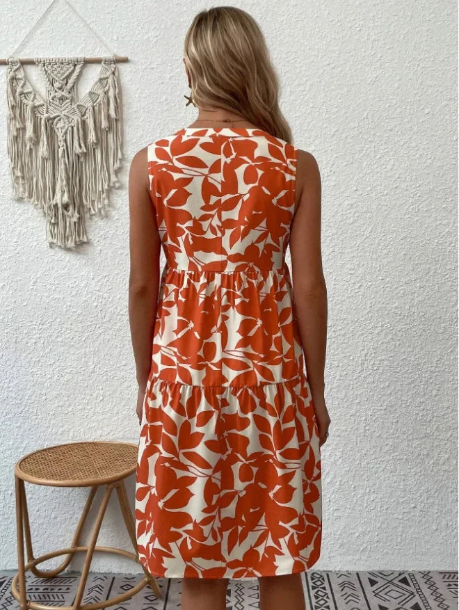 Women Boho Print Mini Dress Summer Elegant Sleeveless V Neck Ruffle A Line Tank Dress Casual Loose Oversize Beach Party Sundress