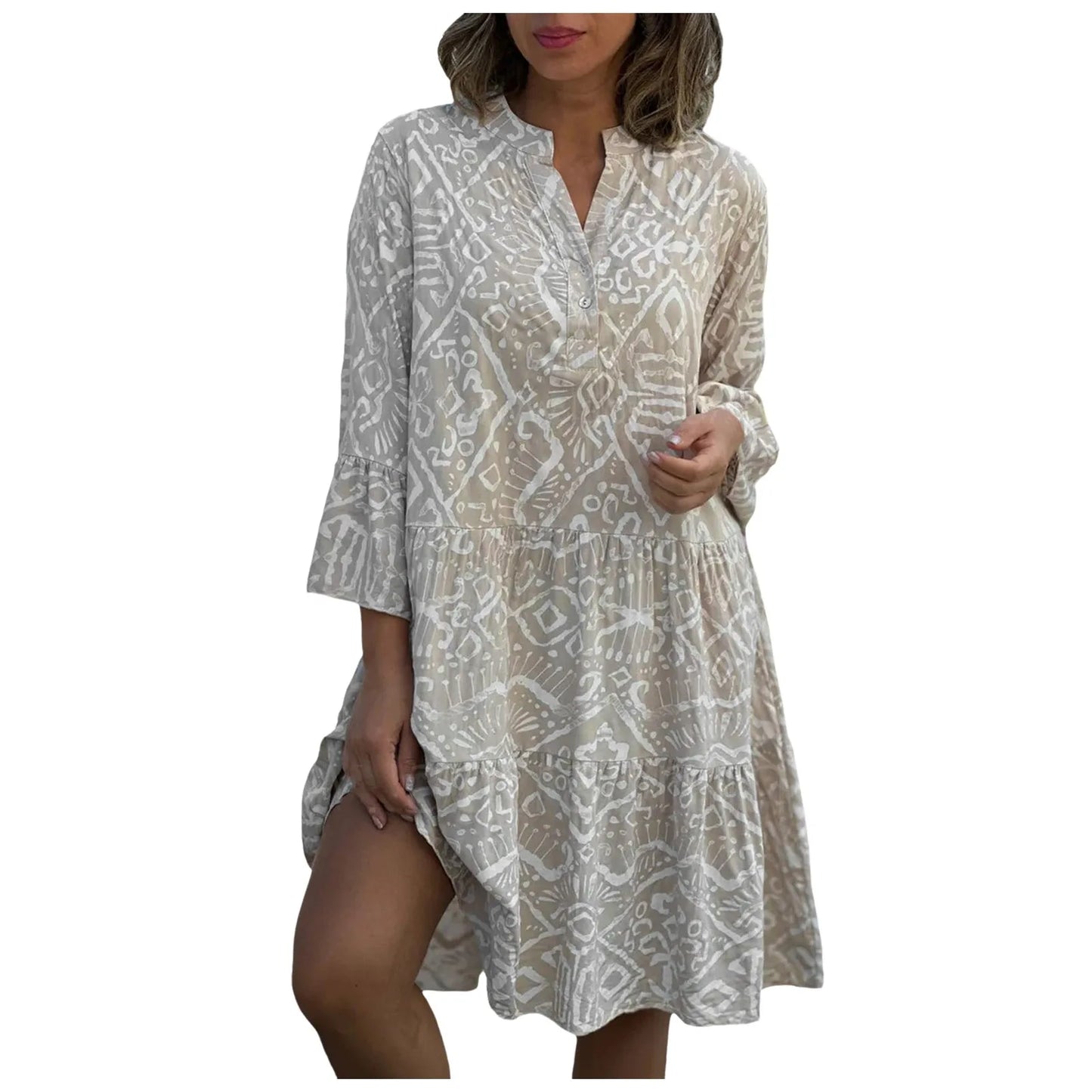 Women Floral Print Maxi Dress Fashion Casual V Neck Long Dress Plus Size Summer Boho Dress Ruffle Three Quarter Sleeves Dresses