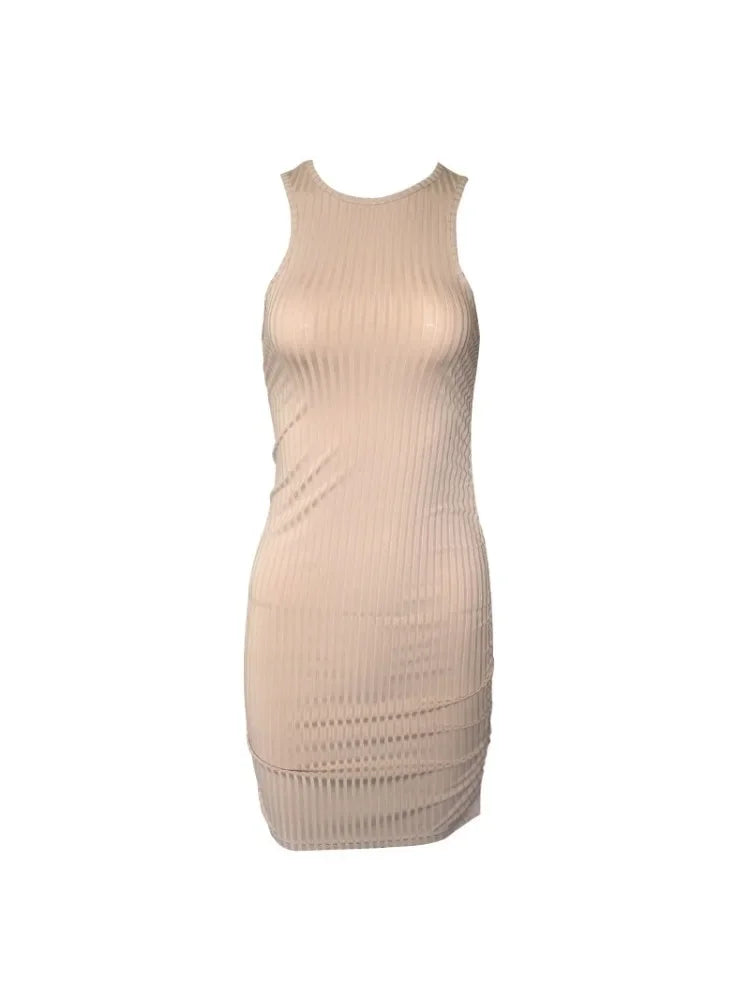 Sexy Stripes Thread Knitting Slim Bodycon Dress Women Sleeveless Solid Color Skinny Mini Dress Elegant Club Party Vestidos