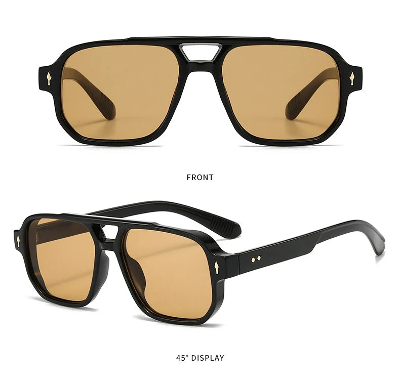 SO&EI Vintage Double Bridges Men Square Sunglasses Fashion Clear Ocean Lens Eyewear Women Trending Rivets Sun Glasses UV400