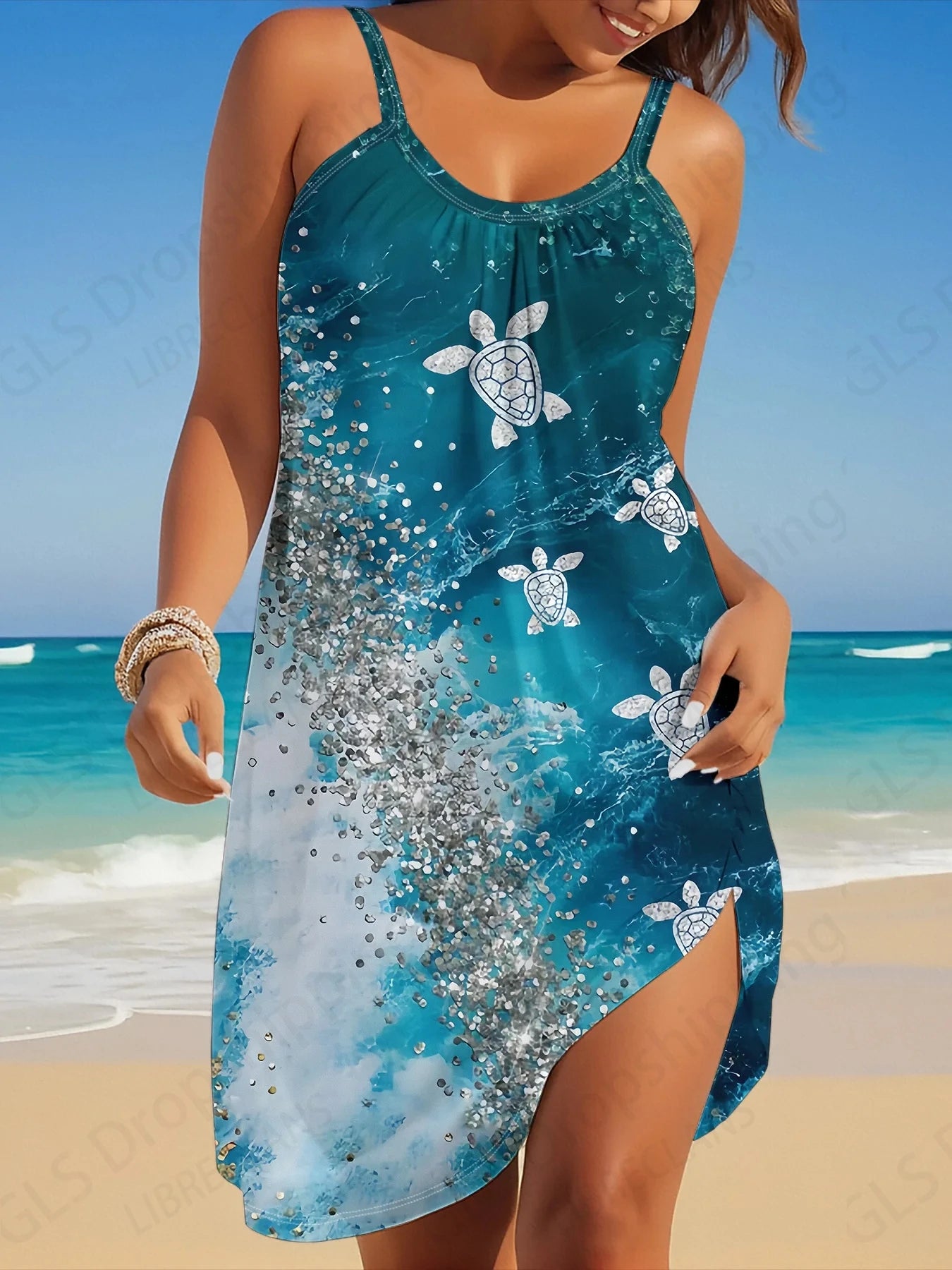 Sea Turtle 3d Sleeveless Beach Dress Women Fashion Bohemian Mini Strap Dresses Party Evening Elegant Casual Vestidos Gradient
